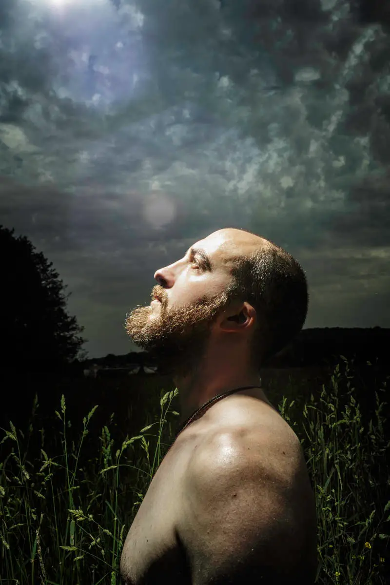Portrait d'un homme barbu torse nu, de profil dans les hautes herbes, baigné d'un éclairage dramatique sous un ciel orageux, dans un style cinématographique et contemplatif
