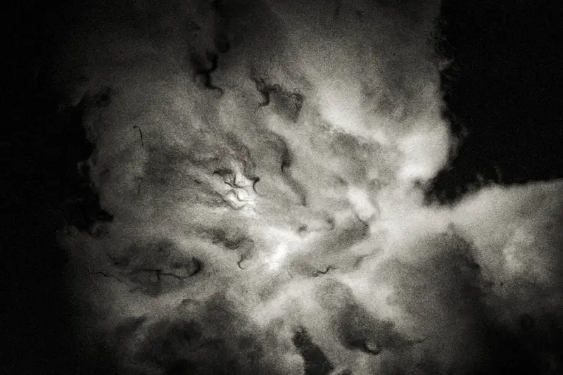 Nébuleuse dans l'espace, nuages tourbillonnants de gaz et poussières interstellaires, noir et blanc