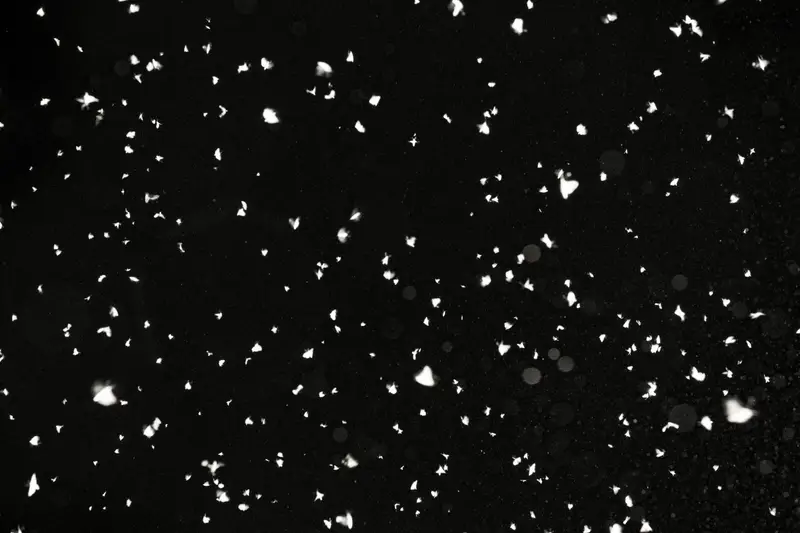 Confettis ou paillettes blanches de formes variées dispersés sur fond noir uniforme